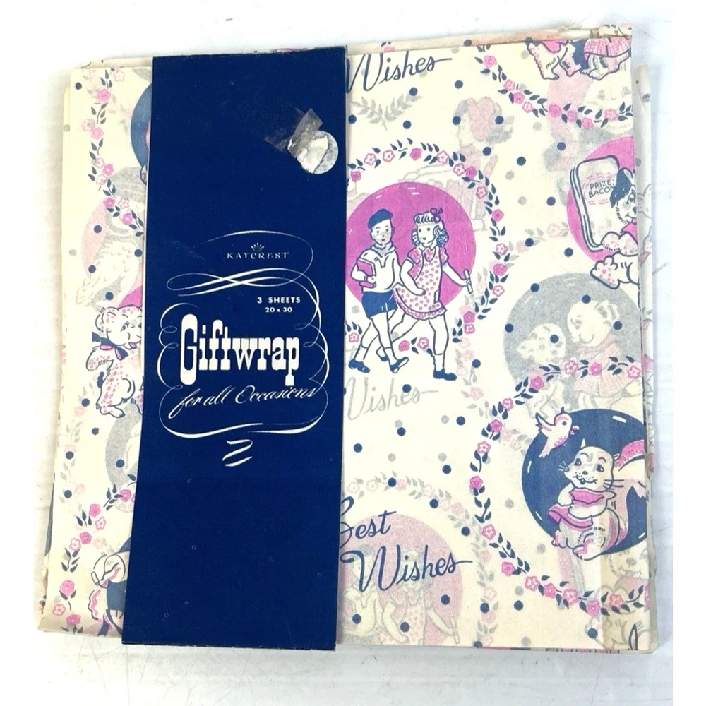 Kaycrest Gift Wrap Vintage Paper Pink Blue 3 Pcs 20 x 30 Ephemeral All Occasions